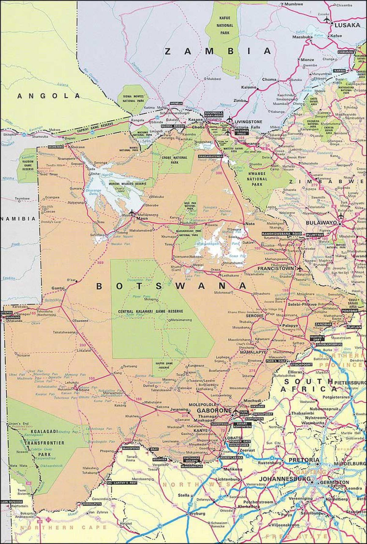 bản đồ của đường chi tiết bản đồ của Botswana